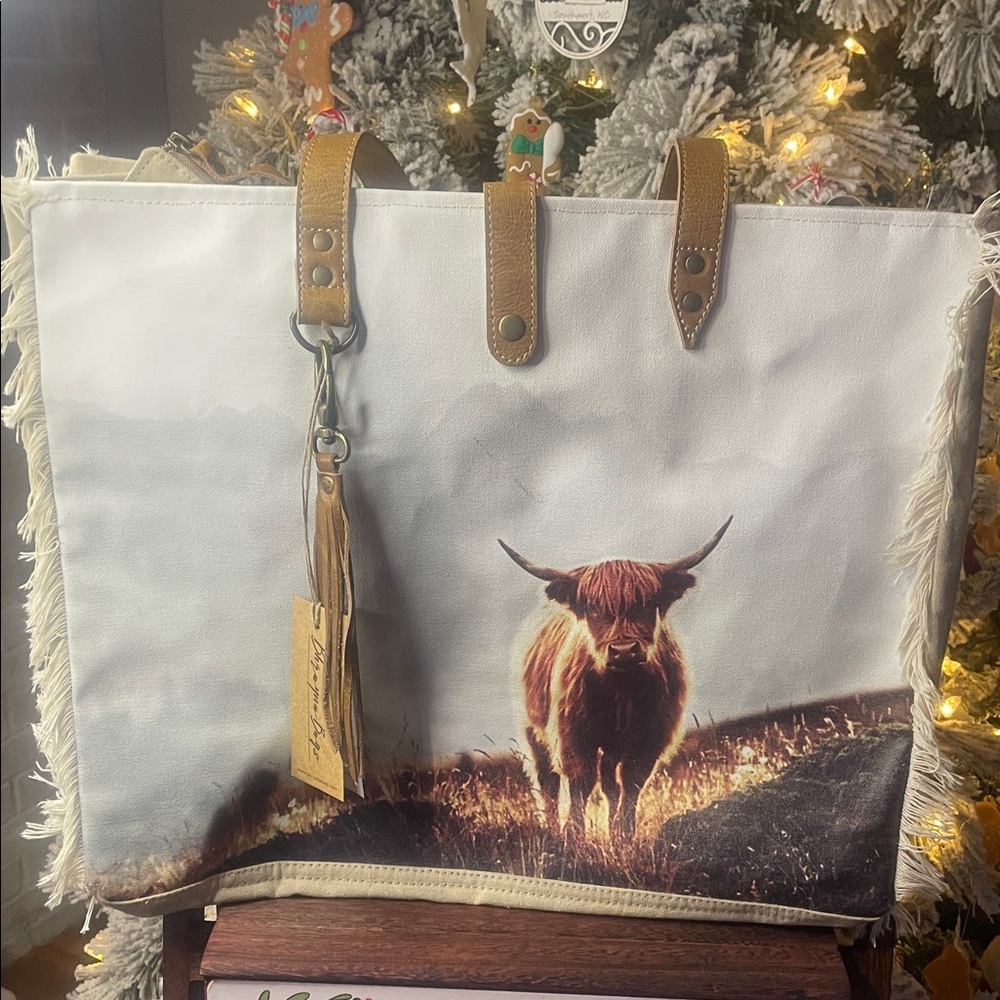 Highland Cow Canvas Tote with Leather Accents